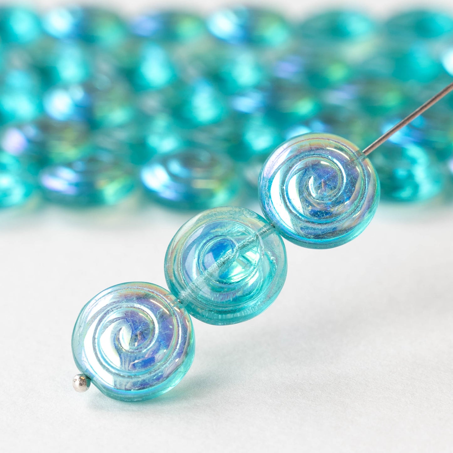 13mm Spiral Coin Beads - Transparent Seafoam AB - 10 beads