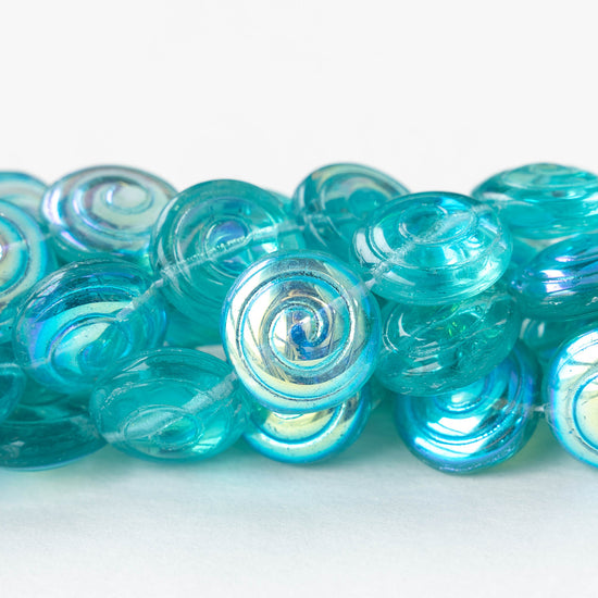 13mm Spiral Coin Beads - Transparent Seafoam AB - 10 beads