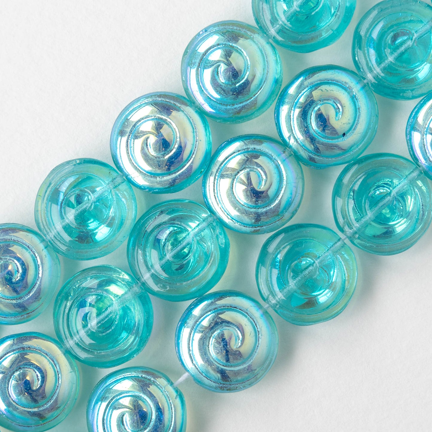 13mm Spiral Coin Beads - Transparent Seafoam AB - 10 beads