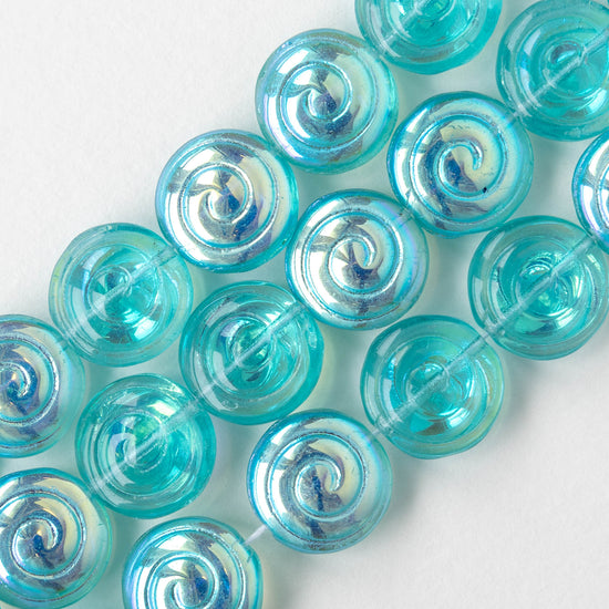 13mm Spiral Coin Beads - Transparent Seafoam AB - 10 beads