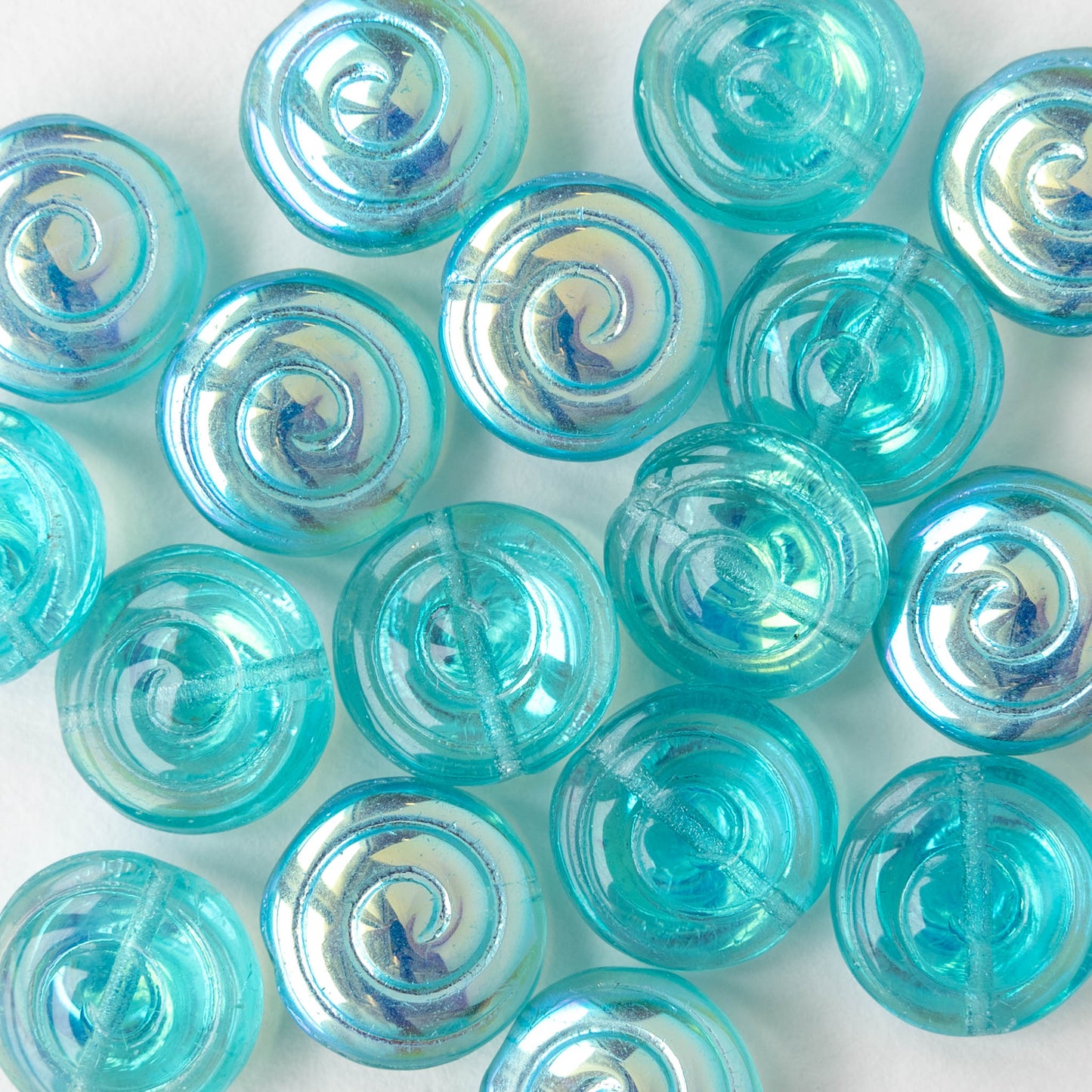 13mm Spiral Coin Beads - Transparent Seafoam AB - 10 beads