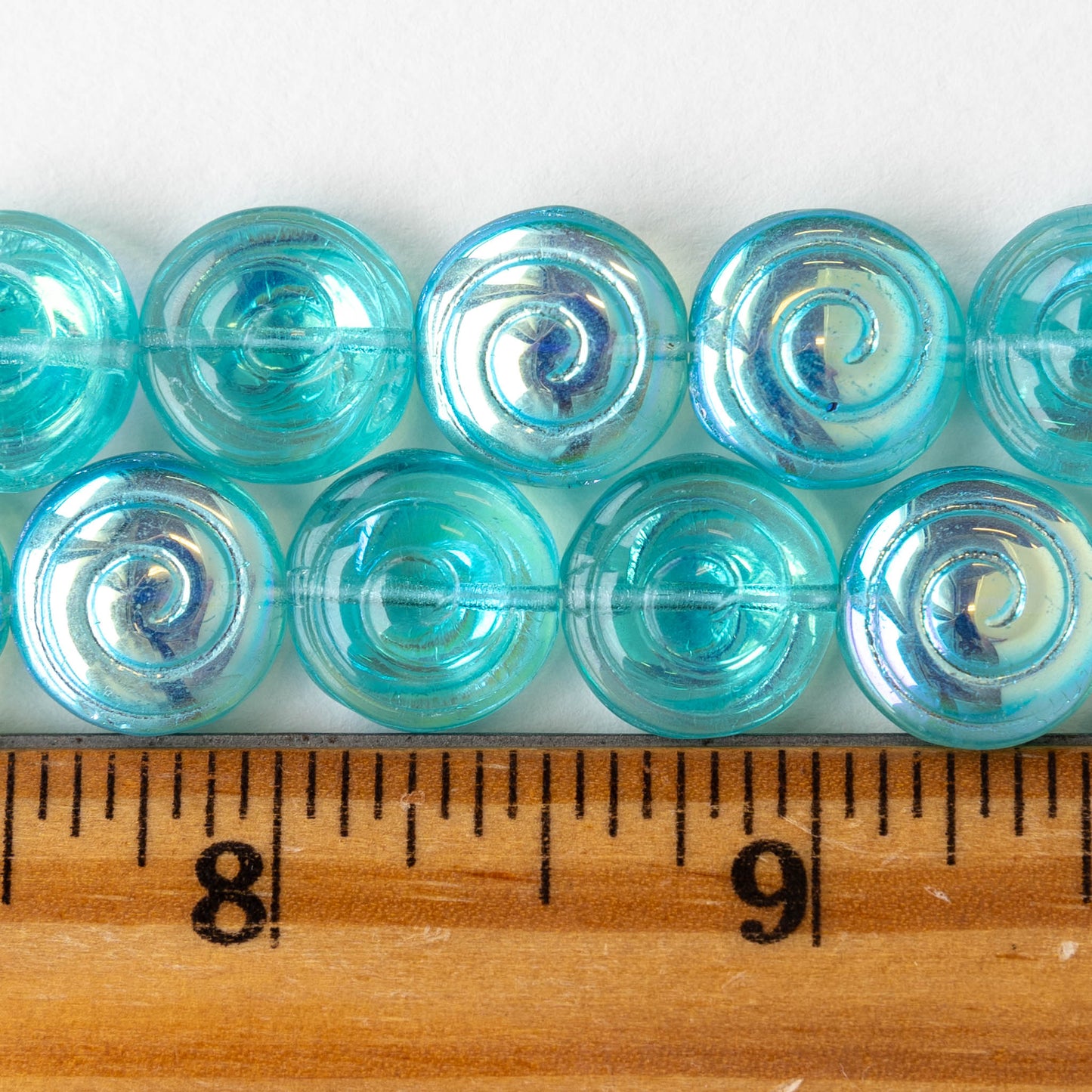 13mm Spiral Coin Beads - Transparent Seafoam AB - 10 beads