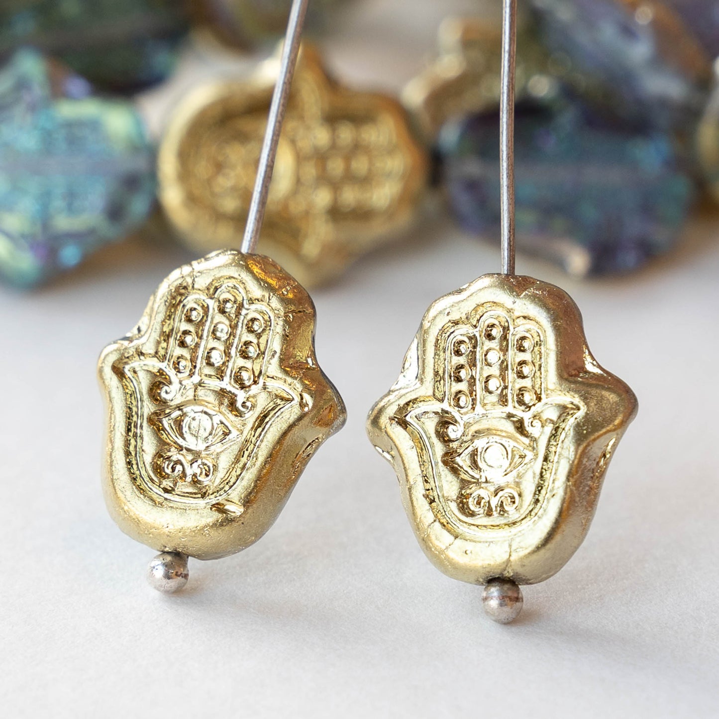 Hamsa Hand Beads - Transparent Aqua Glass with a Golden Silvery Finish - 6