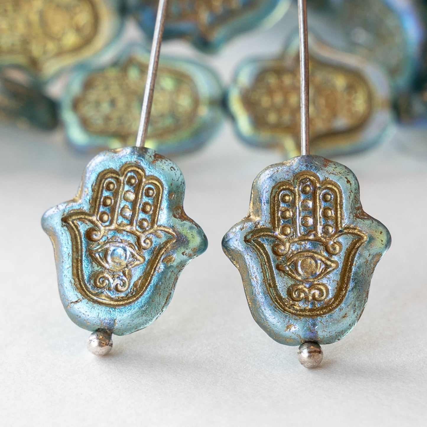 Hamsa Hand Beads - Sky Blue with Gold AB - 6