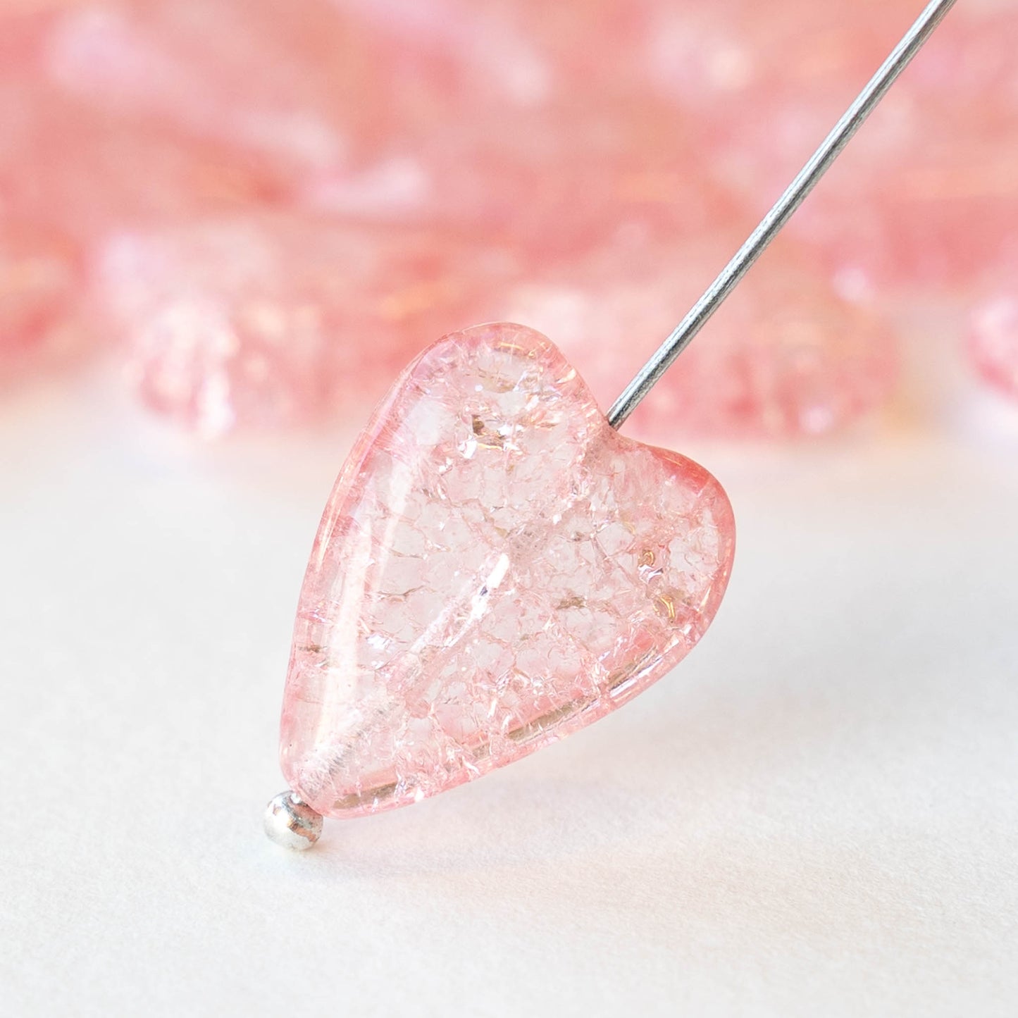 16x13mm Glass Heart Beads - Pink Crackle - 10 hearts