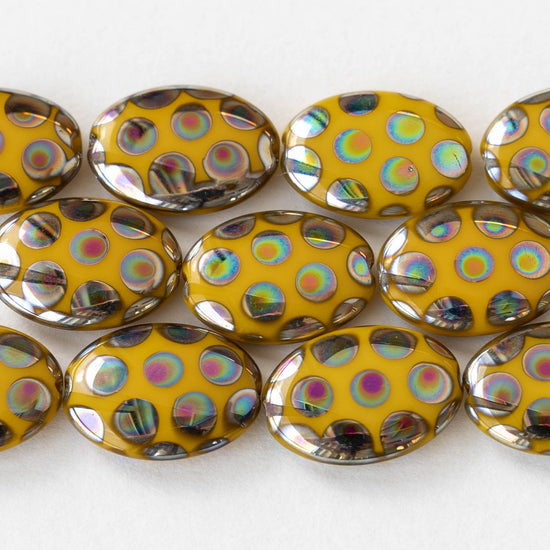 13x18mm Glass Oval - Yellow Ochre With Peacock Finish - 2 beads