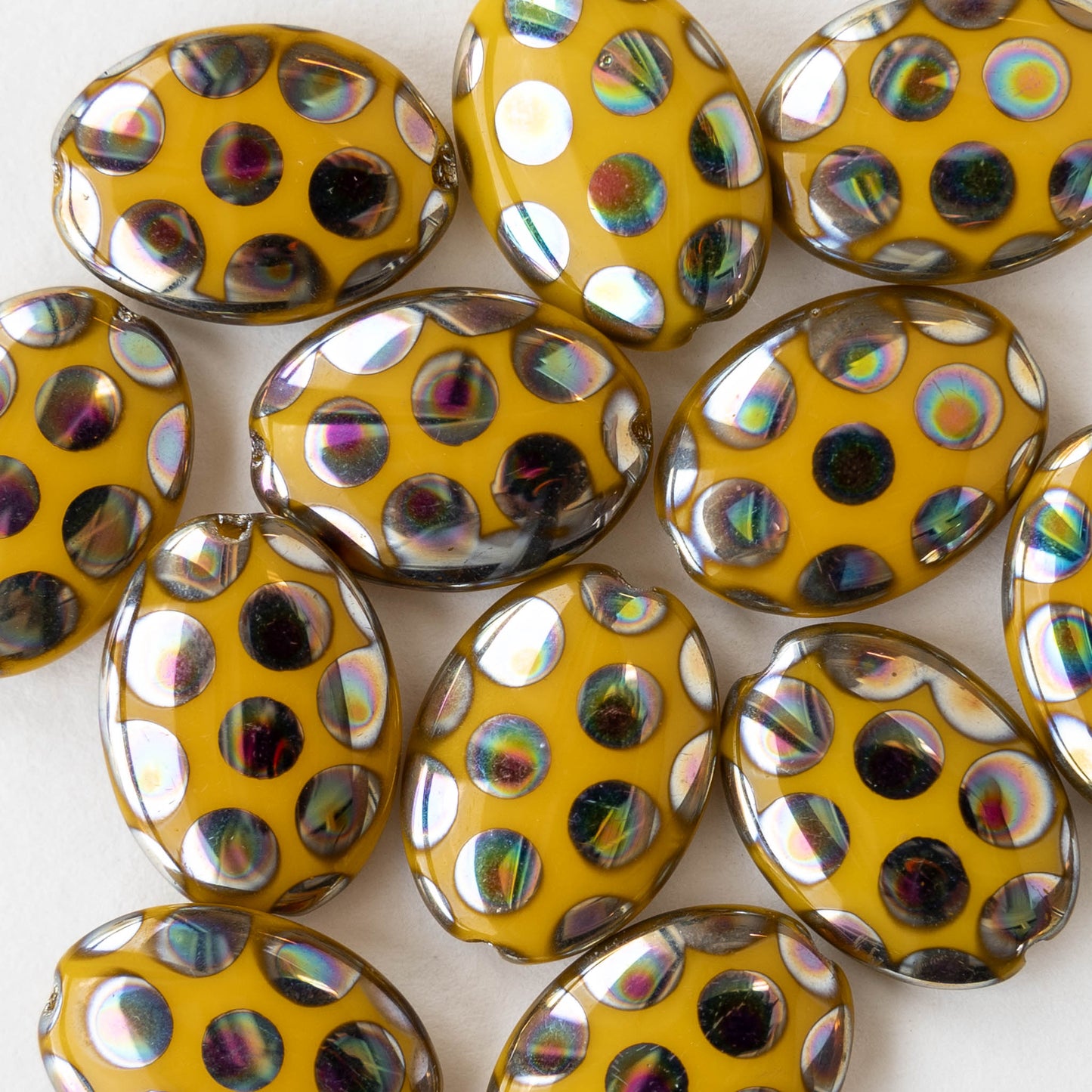 13x18mm Glass Oval - Yellow Ochre With Peacock Finish - 2 beads