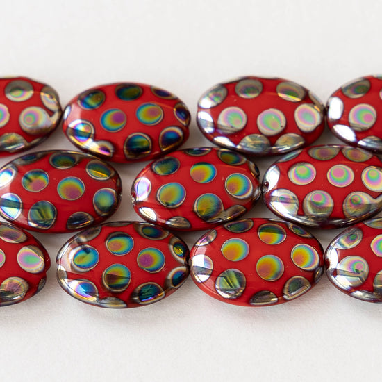 13x18mm Glass Oval - Red With Peacock Finish - 2 beads