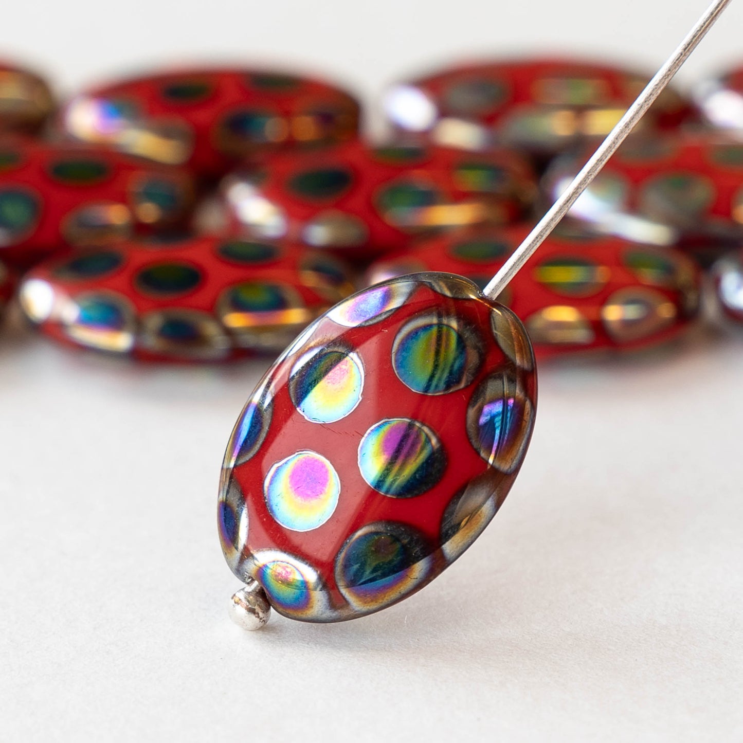 13x18mm Glass Oval - Red With Peacock Finish - 2 beads