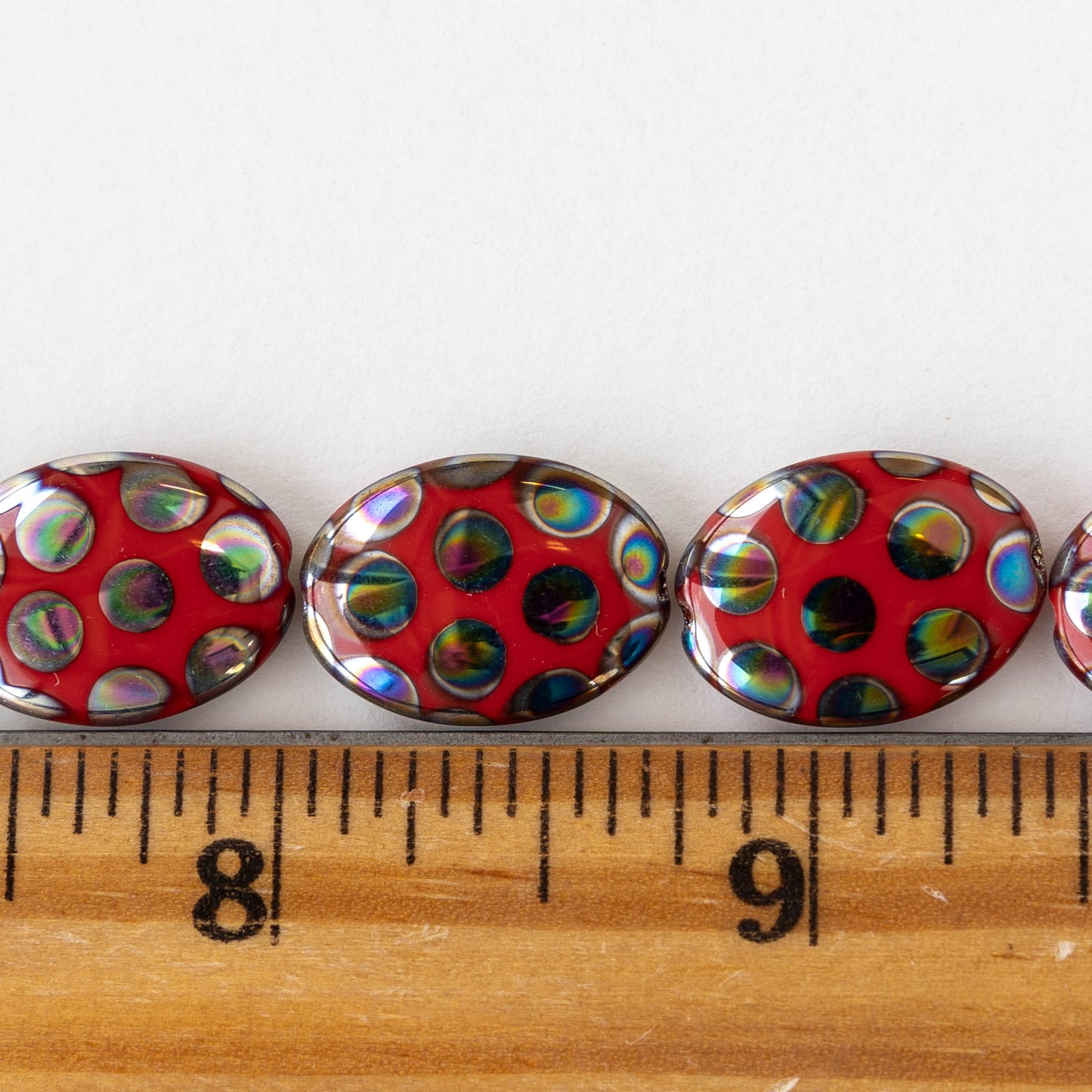 13x18mm Glass Oval - Red With Peacock Finish - 2 beads