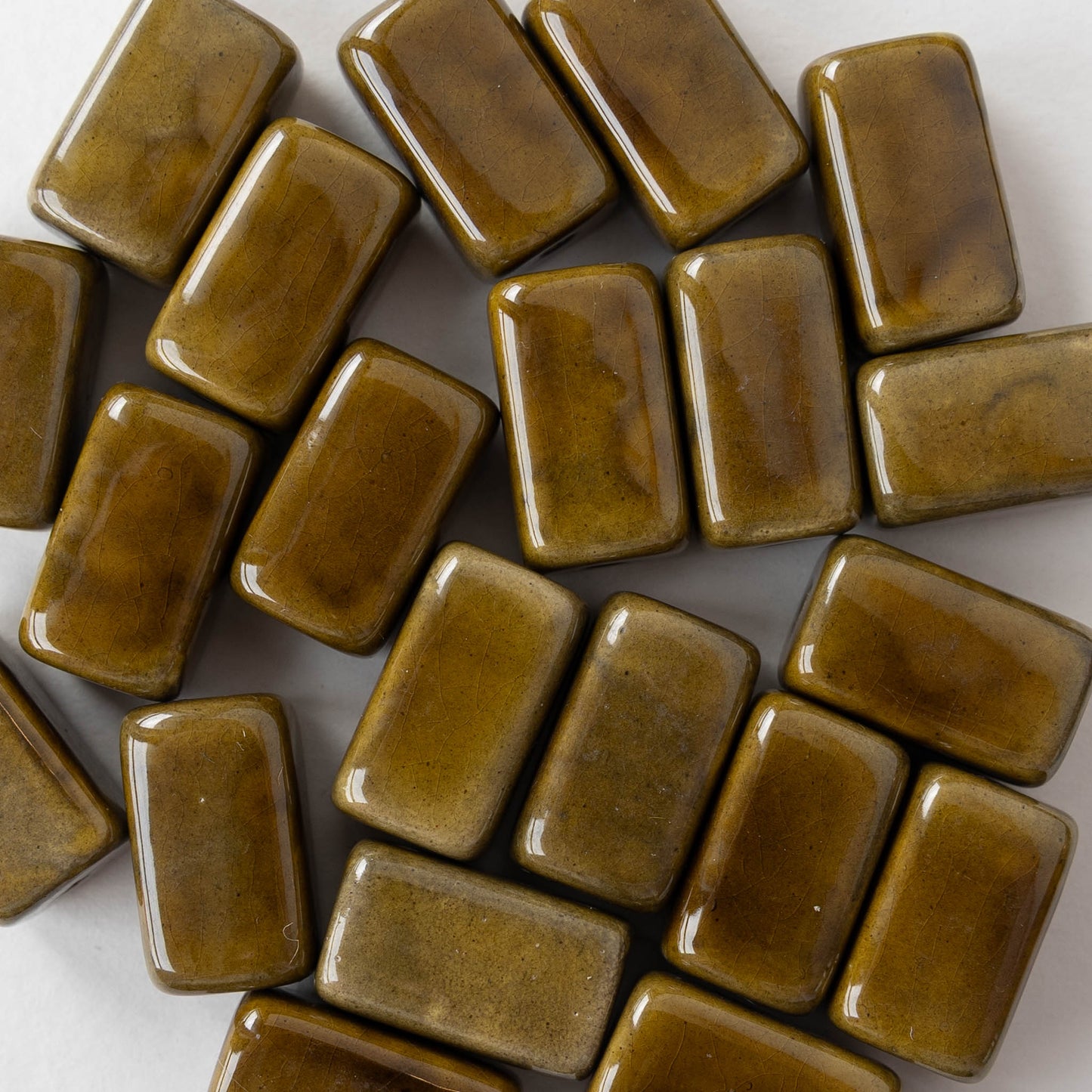 13x21mm Glazed Ceramic Rectangle Beads - Olive - 4 or 12 beads