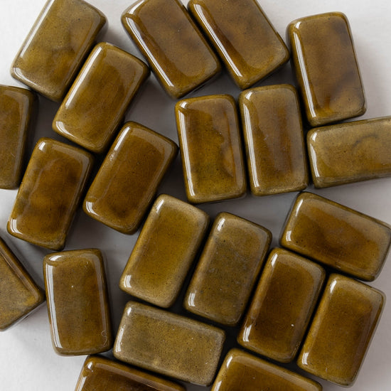13x21mm Glazed Ceramic Rectangle Beads - Olive - 4 or 12 beads