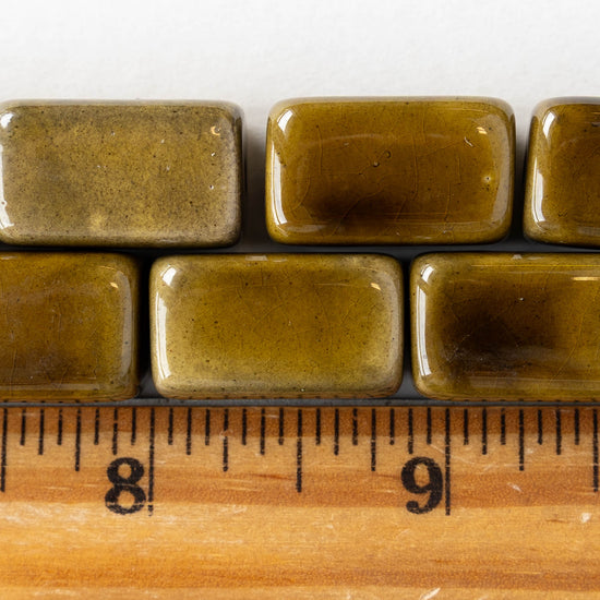 13x21mm Glazed Ceramic Rectangle Beads - Olive - 4 or 12 beads