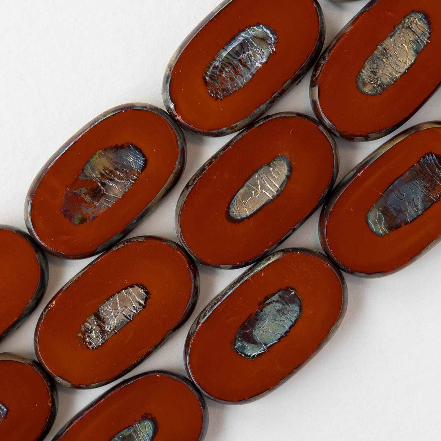 16x26mm Flat Glass Oval Beads - Brown Picasso - 2 or 6 beads