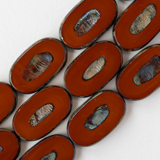16x26mm Flat Glass Oval Beads - Brown Picasso - 2 or 6 beads