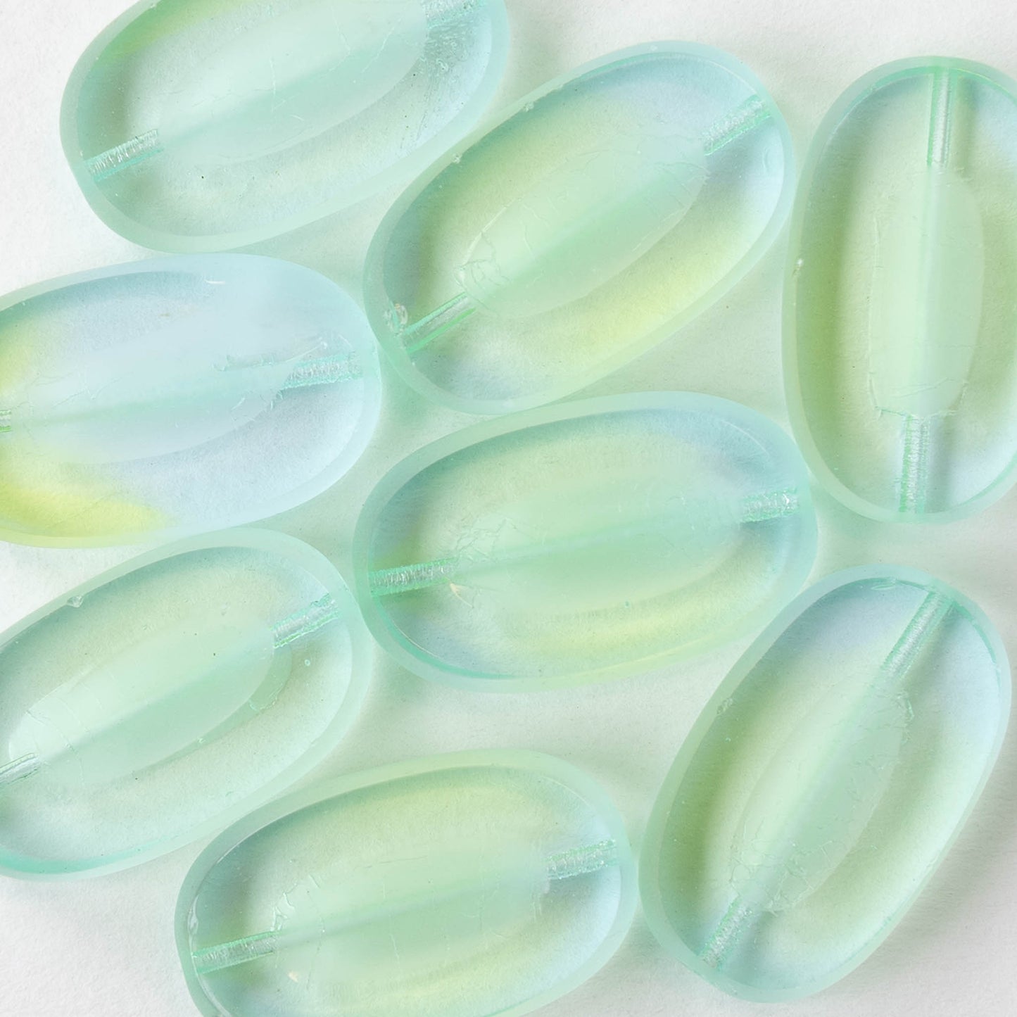 22x13mm Flat Glass Oval Beads - Transparent Light Blue Green - 8 beads