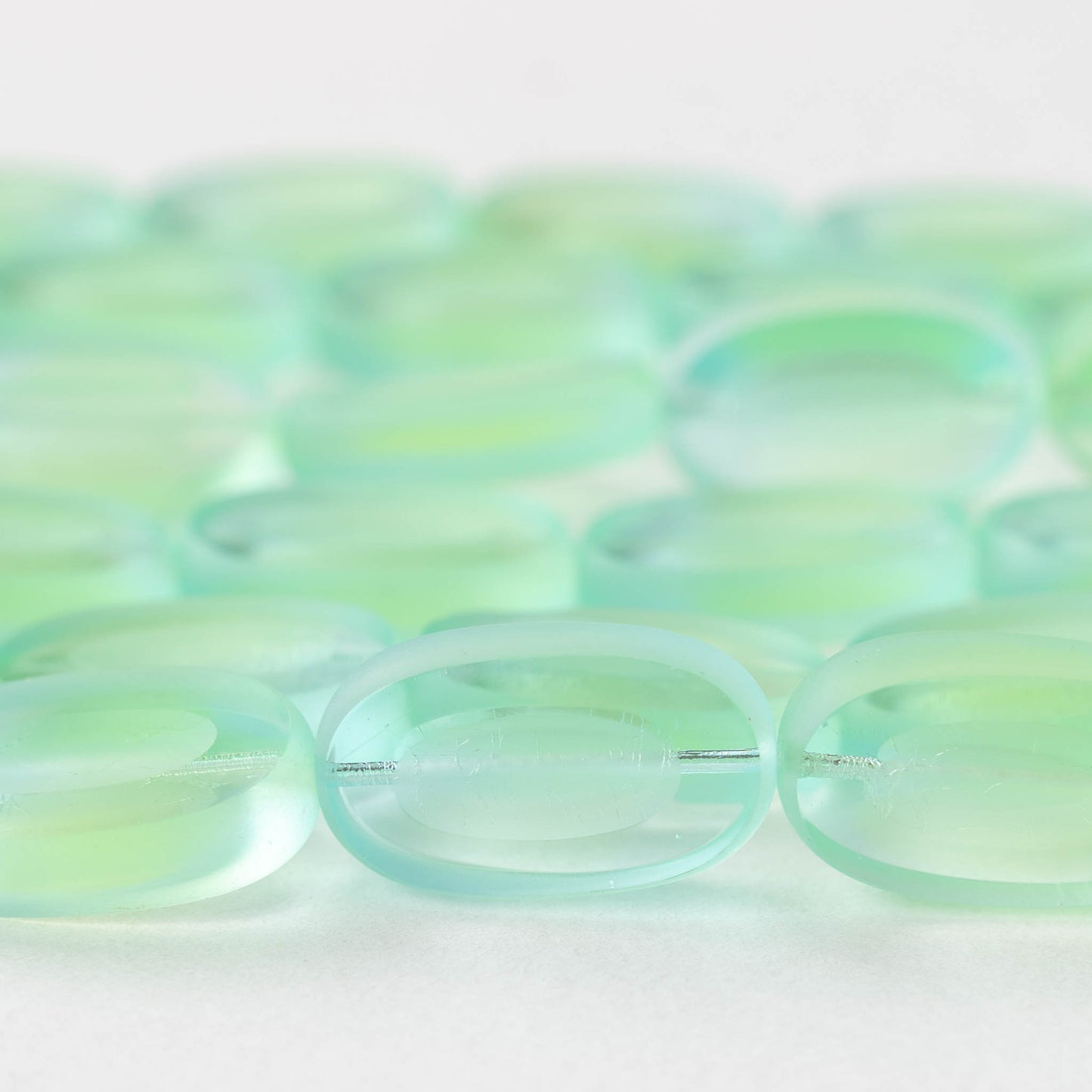 22x13mm Flat Glass Oval Beads - Transparent Light Blue Green - 8 beads