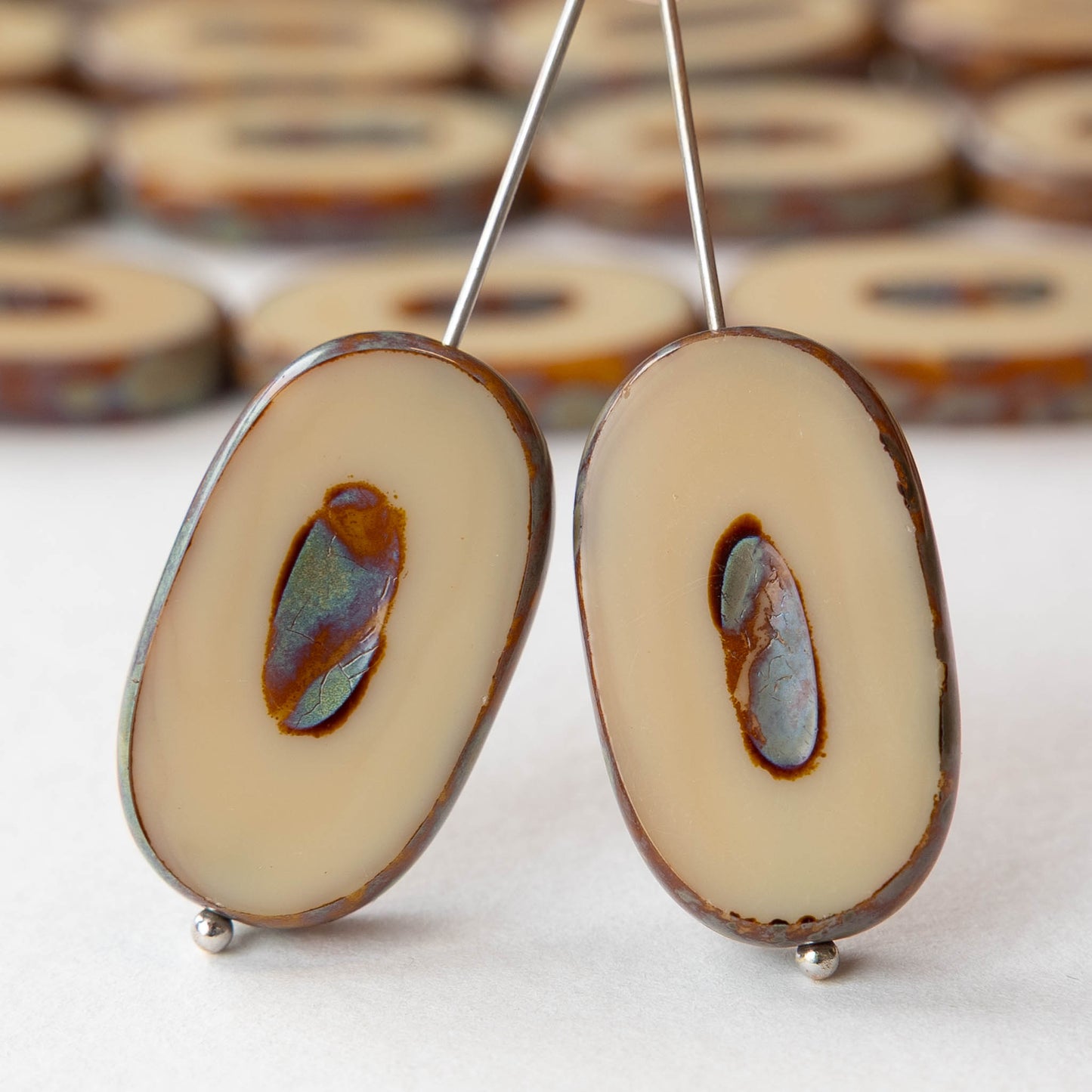 16x26mm Flat Glass Oval Beads - Mocha Picasso - 2 or 6 beads