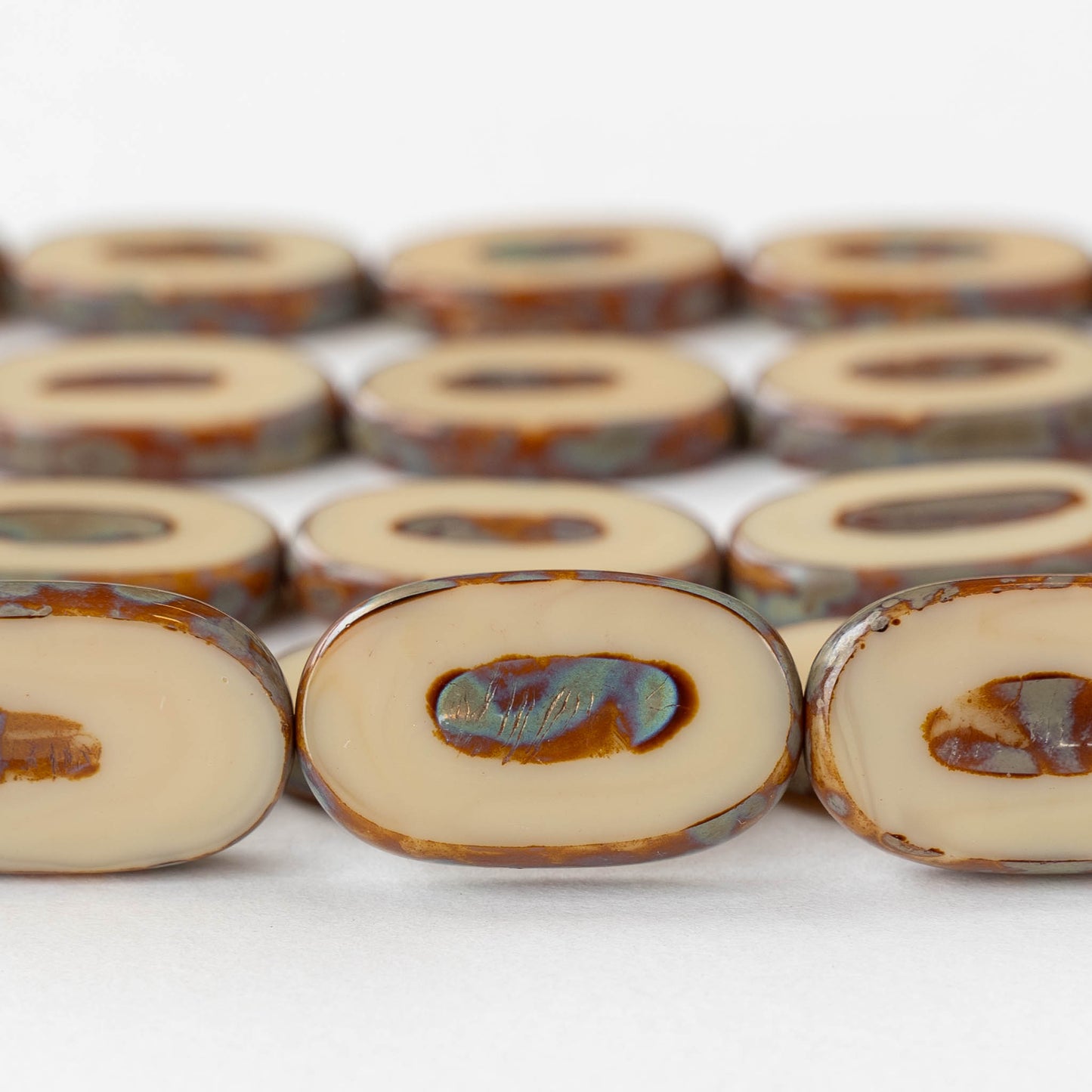 16x26mm Flat Glass Oval Beads - Mocha Picasso - 2 or 6 beads