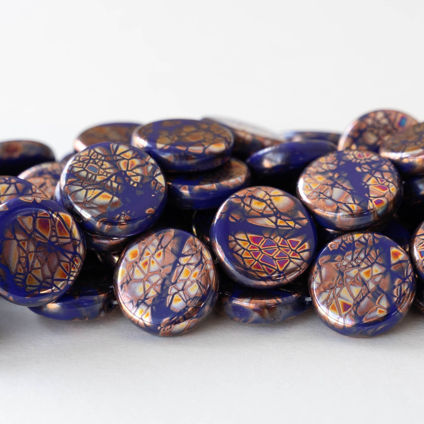 14mm Coin Beads - Blue Copper Batika - 10 beads