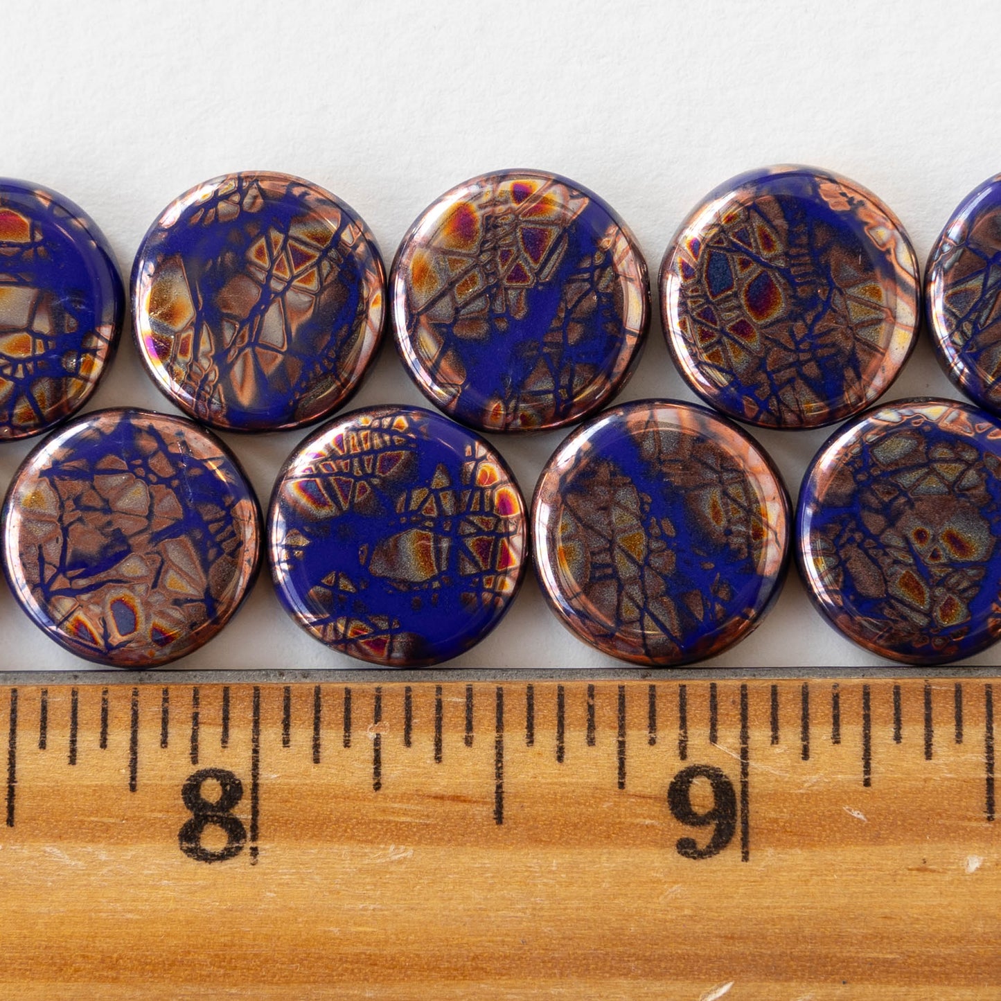 14mm Coin Beads - Blue Copper Batika - 10 beads