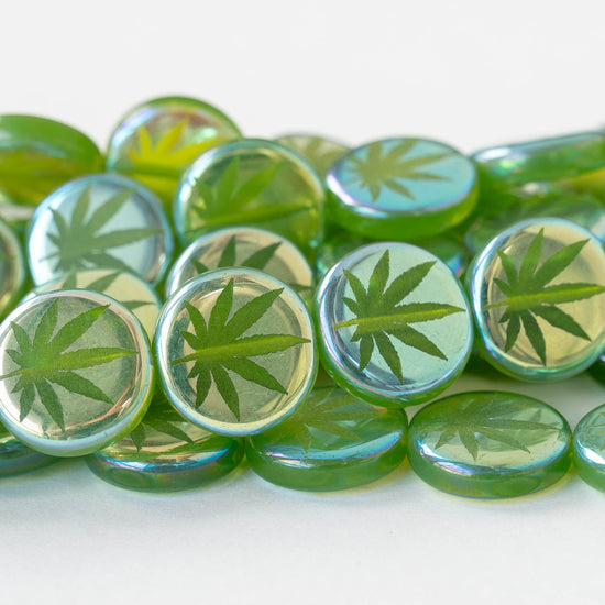 14mm Glass Leaf Coin Beads - Fresh Green Rainbow - 8 beads