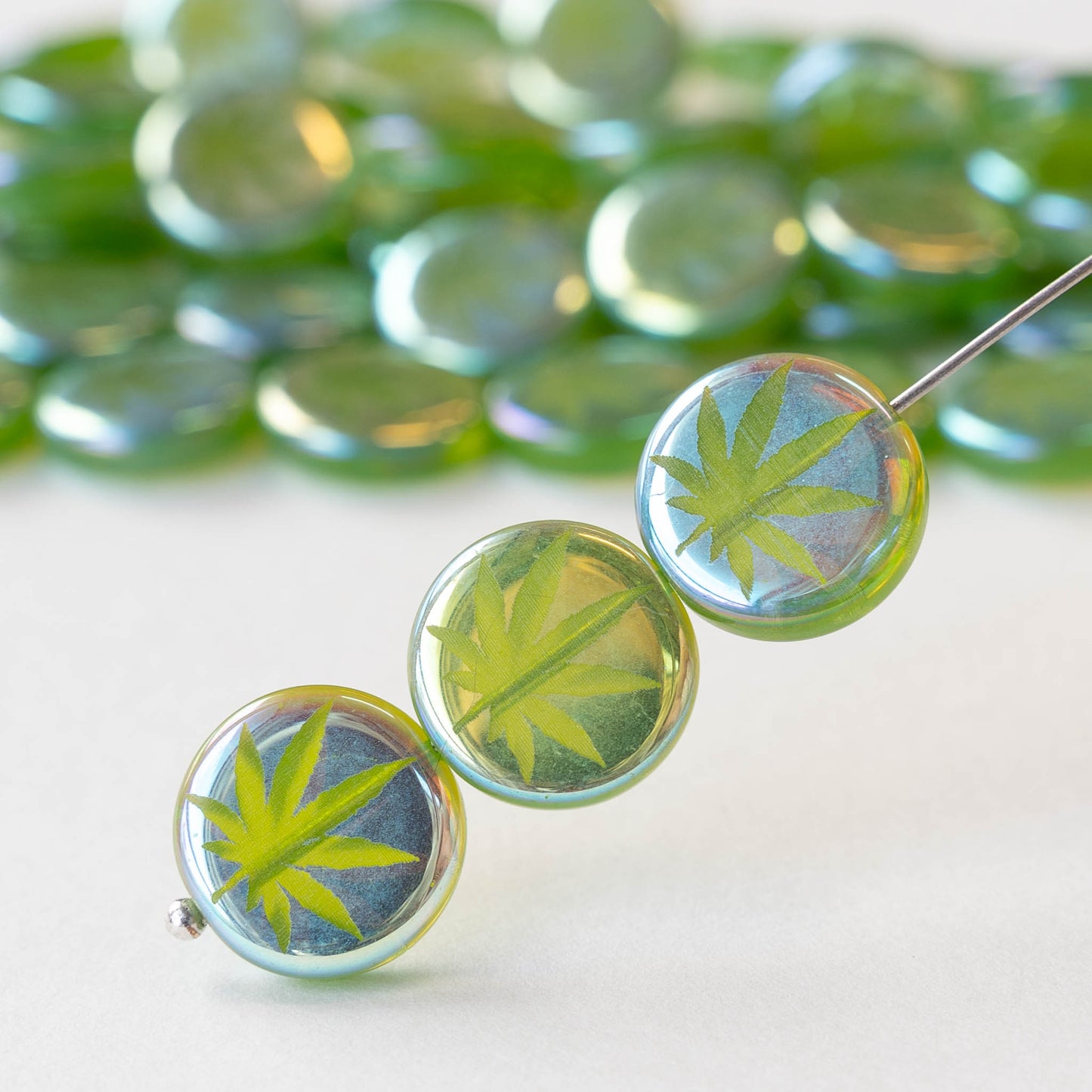 14mm Glass Leaf Coin Beads - Fresh Green Rainbow - 8 beads