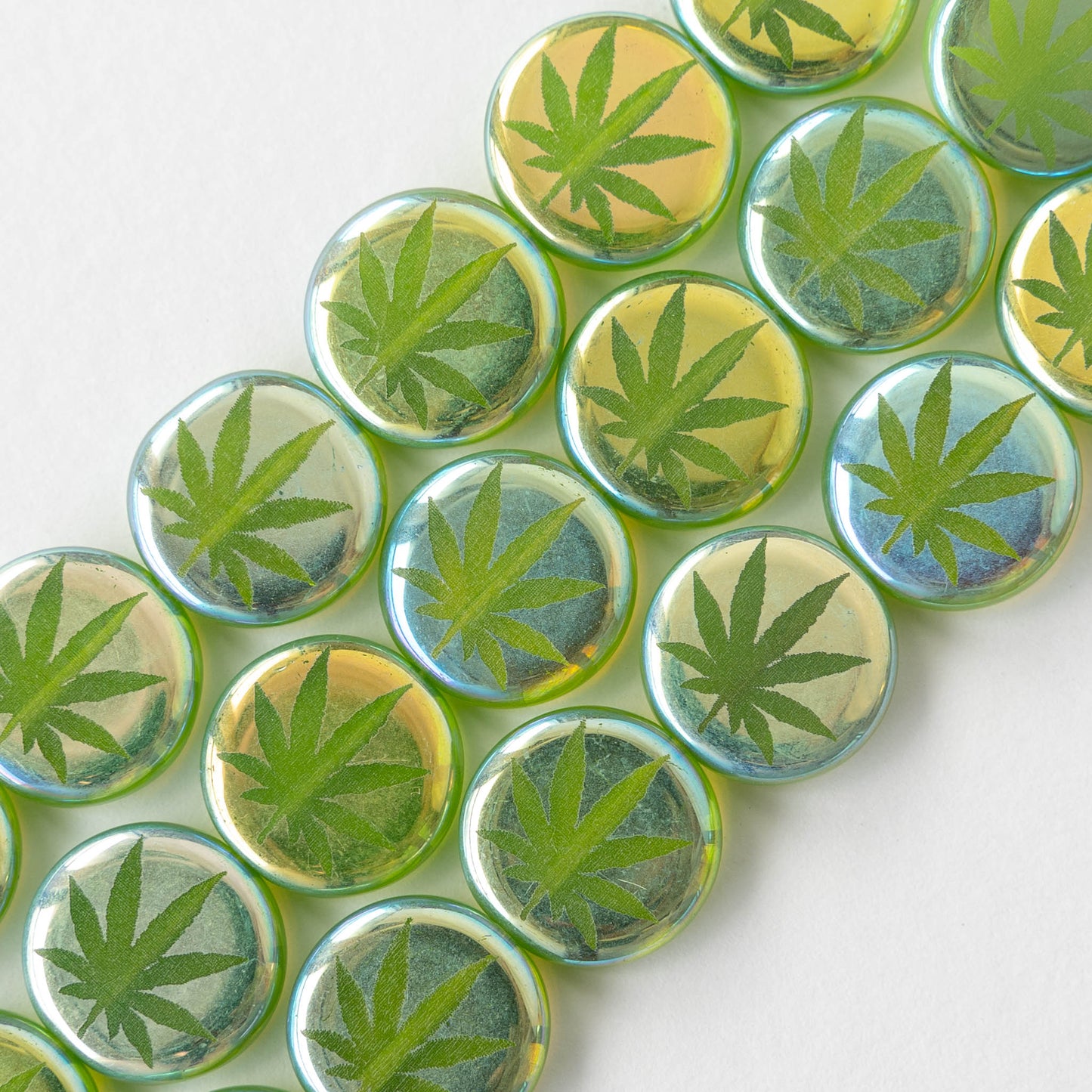 14mm Glass Leaf Coin Beads - Fresh Green Rainbow - 8 beads