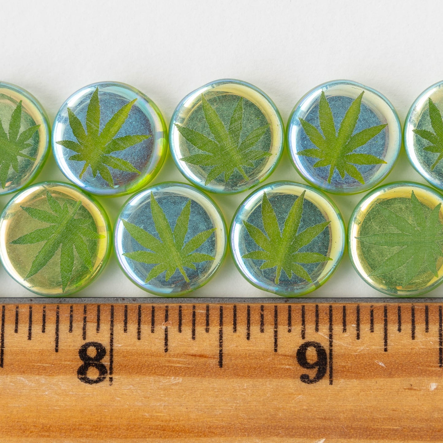 14mm Glass Leaf Coin Beads - Fresh Green Rainbow - 8 beads