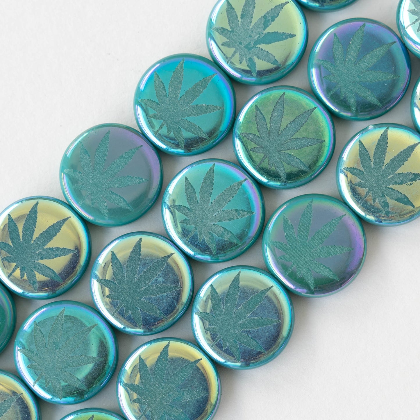 14mm Glass Leaf Coin Beads - Seafoam - 8 beads