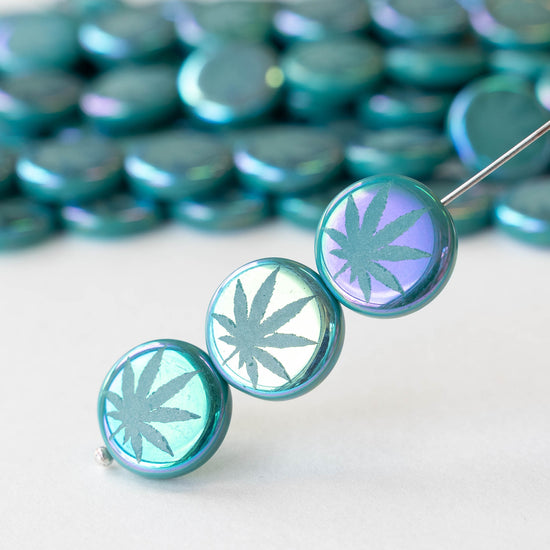 14mm Glass Leaf Coin Beads - Seafoam - 8 beads