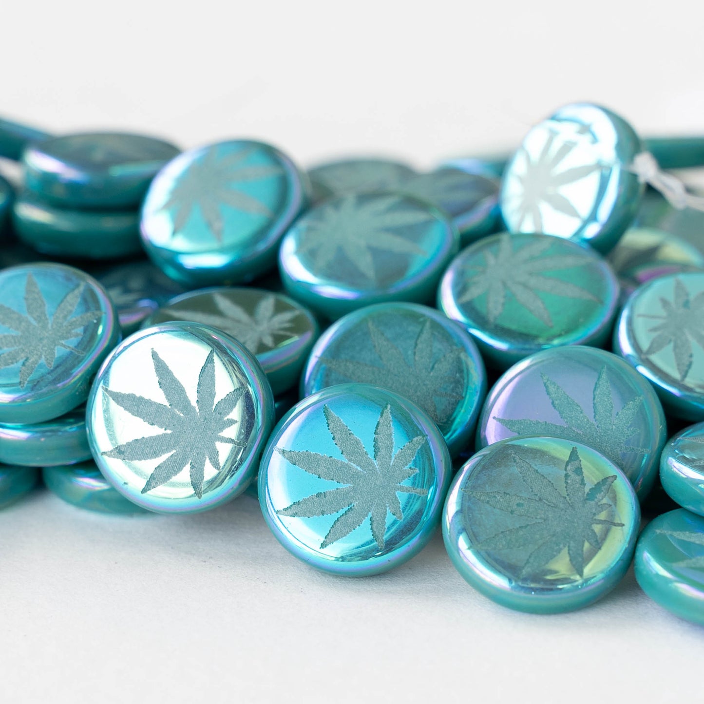 14mm Glass Leaf Coin Beads - Seafoam - 8 beads