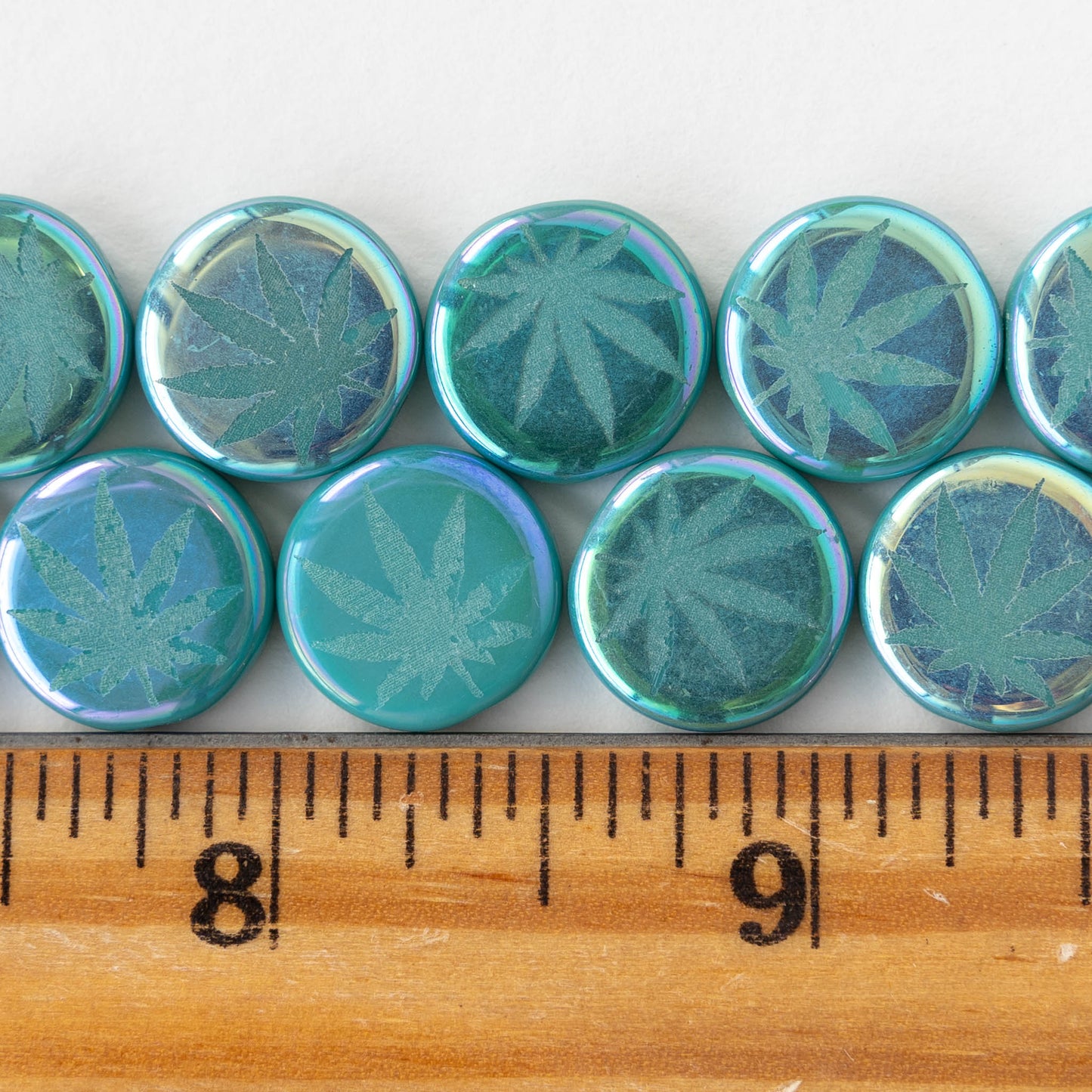 14mm Glass Leaf Coin Beads - Seafoam - 8 beads