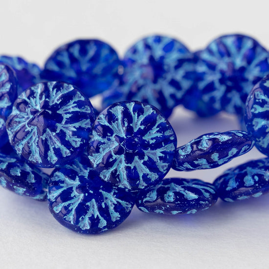 14mm Dahlia Flower Beads - Blue with Aqua Wash - 10 beads