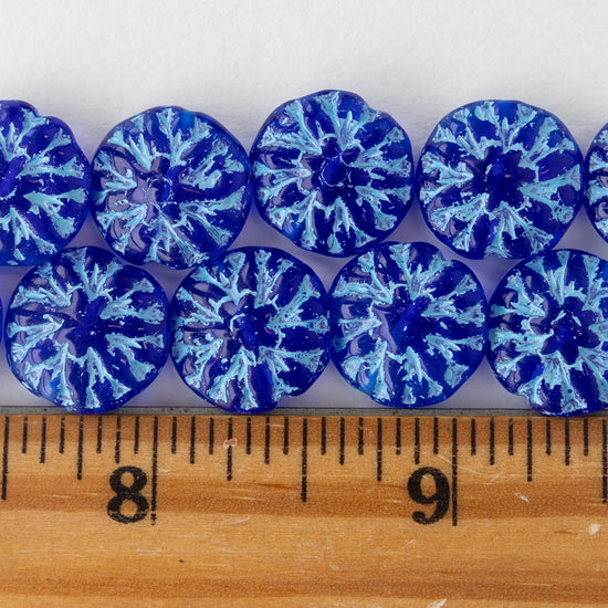 14mm Dahlia Flower Beads - Blue with Aqua Wash - 10 beads