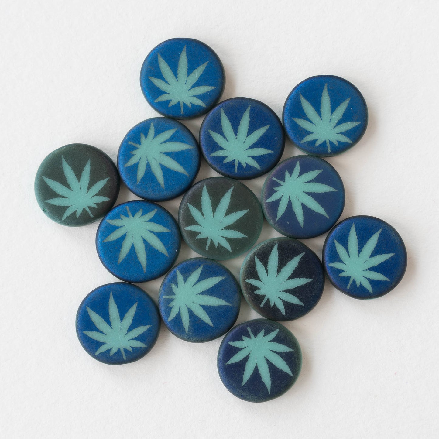 14mm Cannabis Coin Leaf Beads - Seafoam/Blue - 8 beads
