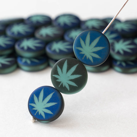 14mm Cannabis Coin Leaf Beads - Seafoam/Blue - 8 beads