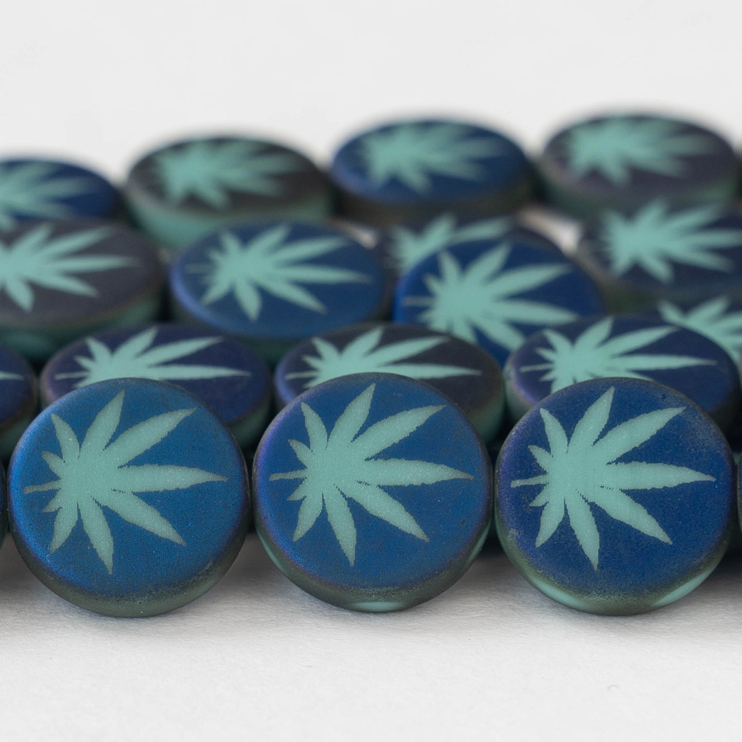 14mm Cannabis Coin Leaf Beads - Seafoam/Blue - 8 beads