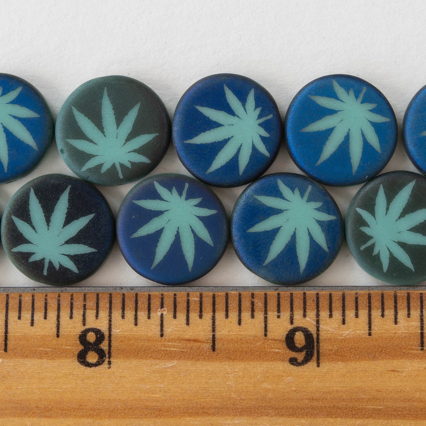 14mm Cannabis Coin Leaf Beads - Seafoam/Blue - 8 beads