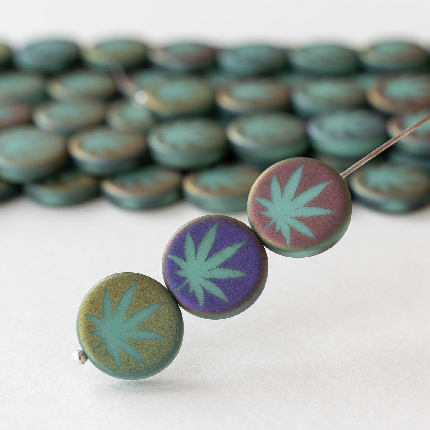 14mm Glass Leaf Coin Beads - Matte Turquoise Iris - 8 beads