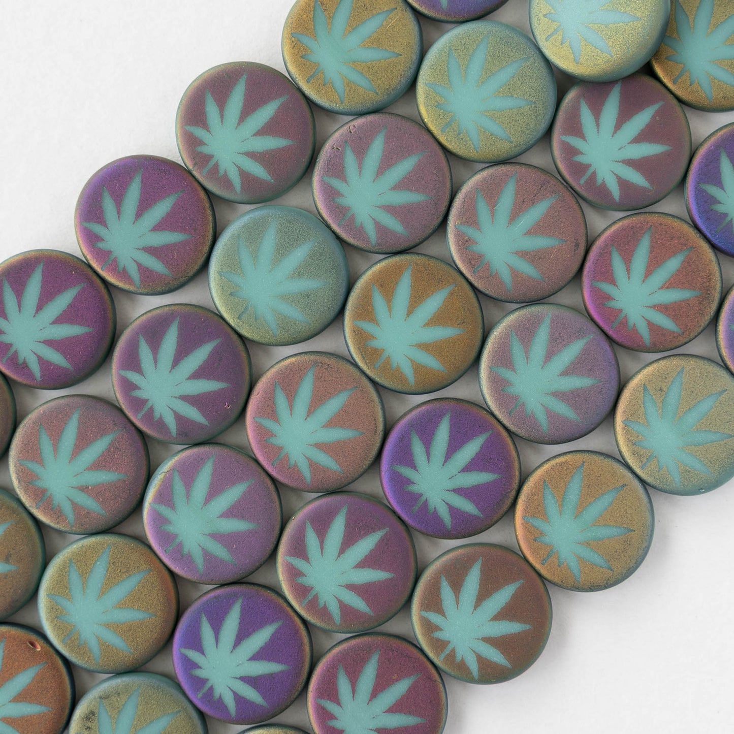 14mm Glass Leaf Coin Beads - Matte Turquoise Iris - 8 beads