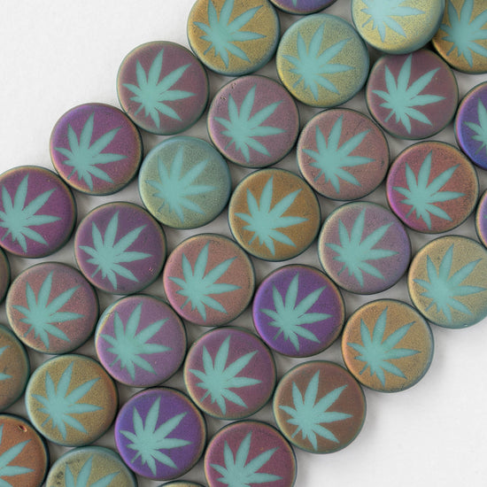 14mm Glass Leaf Coin Beads - Matte Turquoise Iris - 8 beads