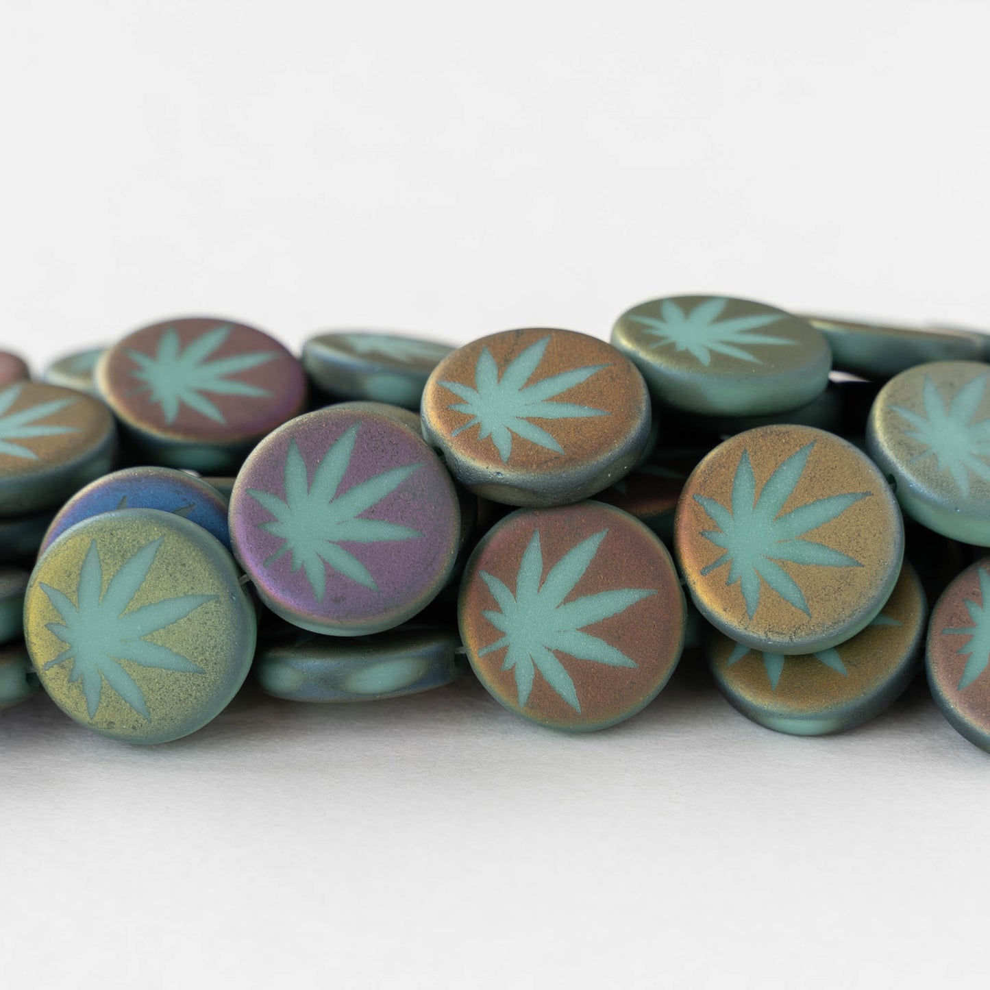 14mm Glass Leaf Coin Beads - Matte Turquoise Iris - 8 beads