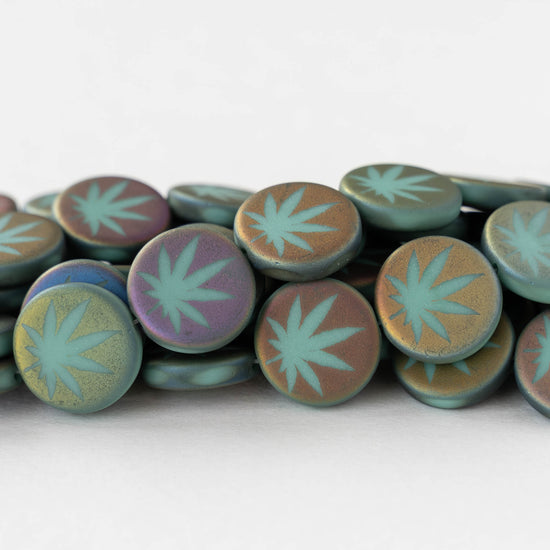 14mm Glass Leaf Coin Beads - Matte Turquoise Iris - 8 beads