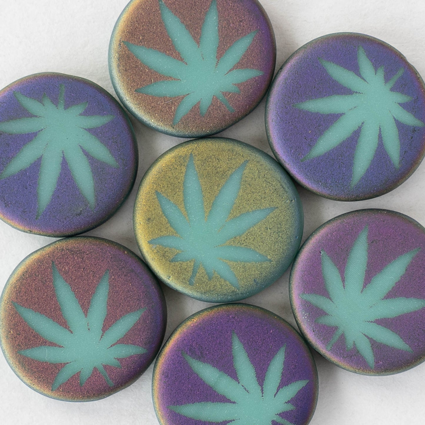 14mm Glass Leaf Coin Beads - Matte Turquoise Iris - 8 beads
