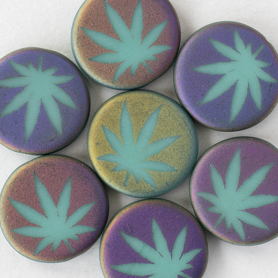 14mm Glass Leaf Coin Beads - Matte Turquoise Iris - 8 beads