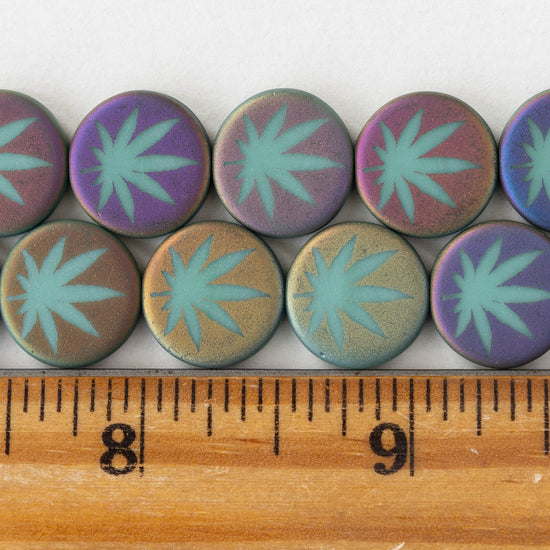 14mm Glass Leaf Coin Beads - Matte Turquoise Iris - 8 beads