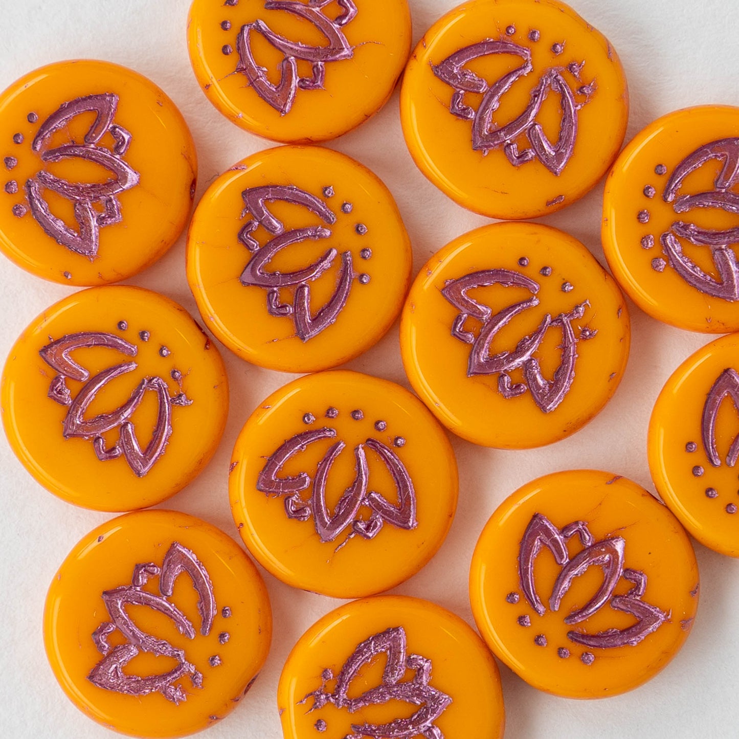 14mm Lotus Flower Coin Beads - Orange with Pink Wash - 12