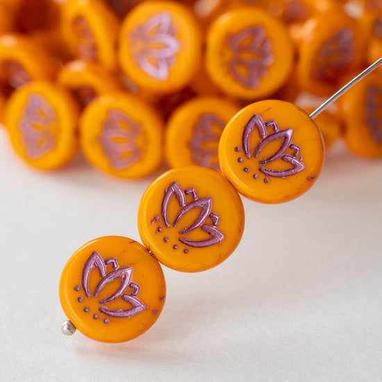 14mm Lotus Flower Coin Beads - Orange with Pink Wash - 12