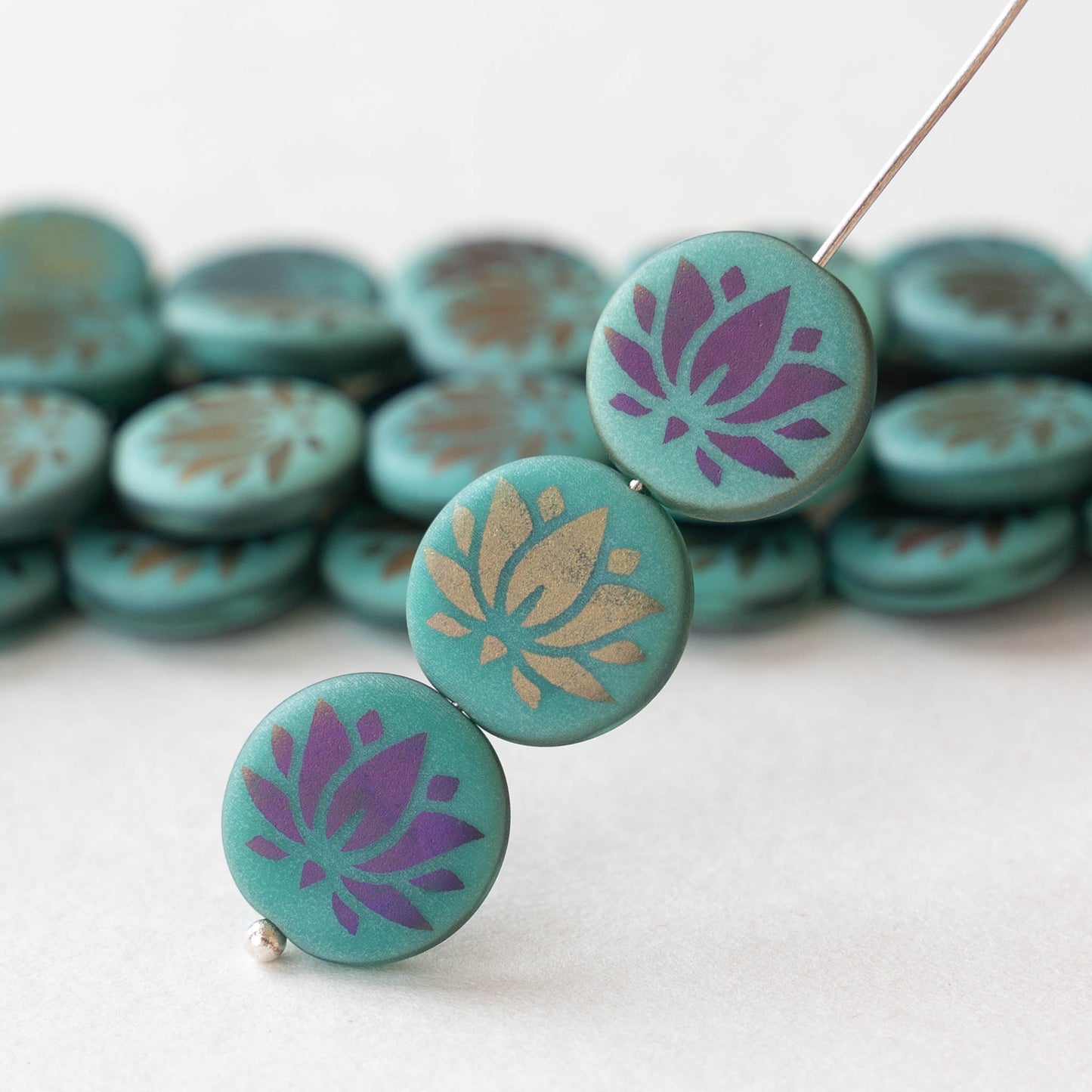 14mm Lotus Flower Coin Beads - Seafoam/Blue - 8 beads